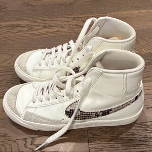 Nike White Mid-Top Sneakers with Snake-Print Swoosh